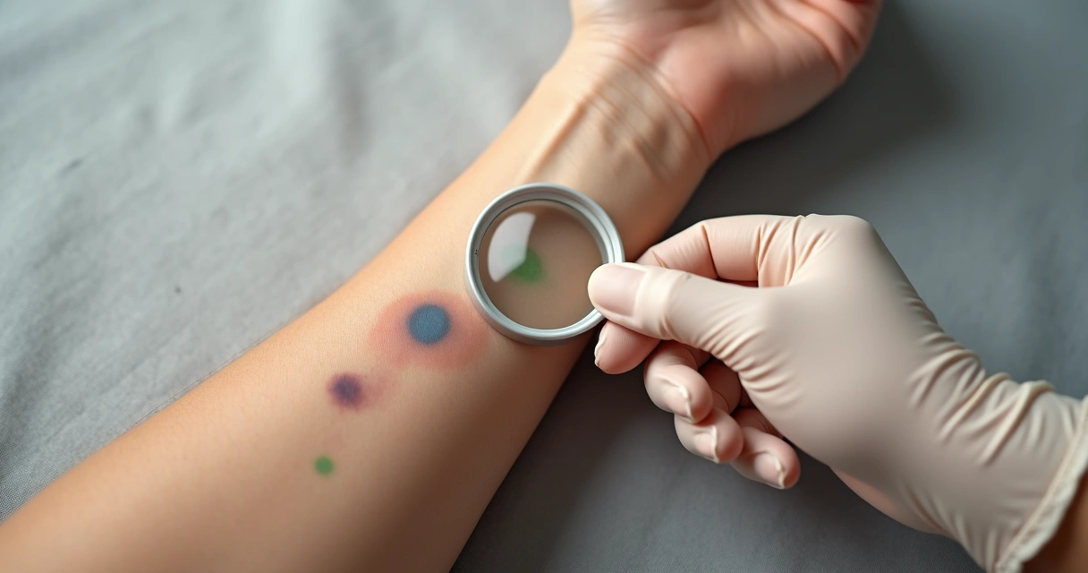 Close em braço com pequeno roxinho na pele sendo examinado com lupa 