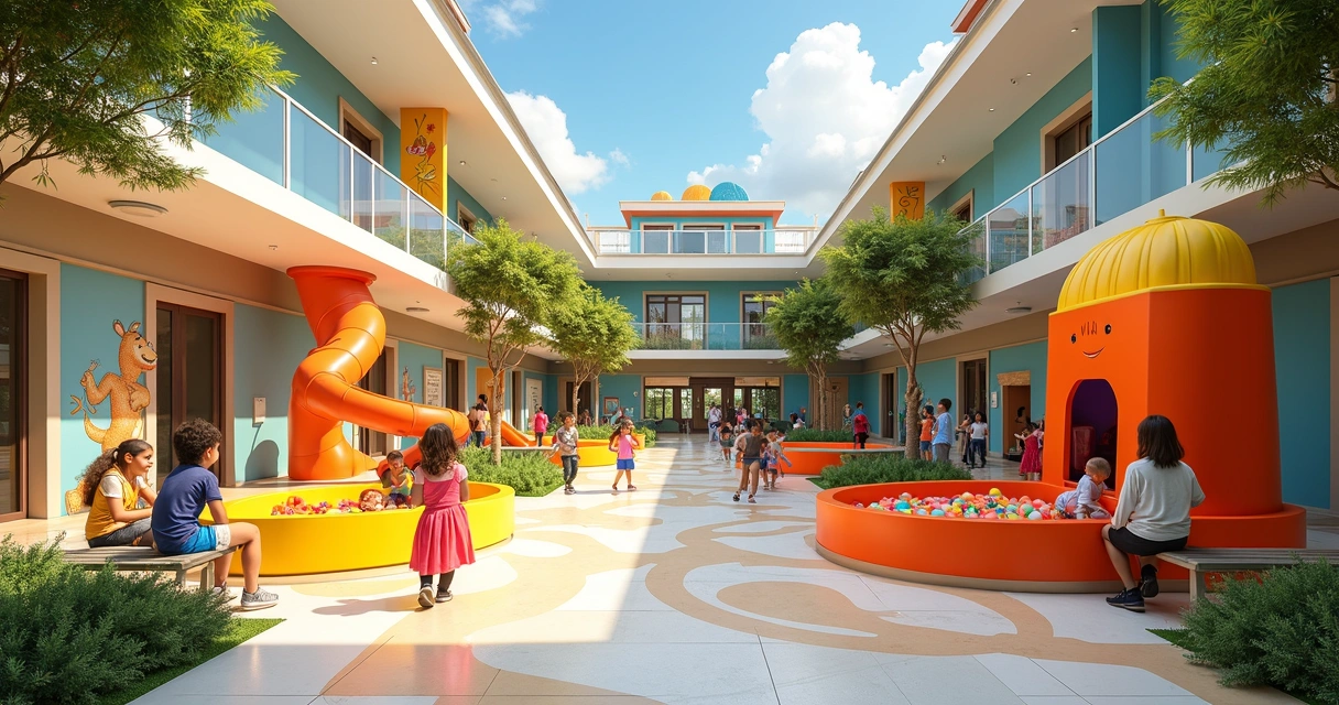 Área infantil temática com brinquedos e recreadores 