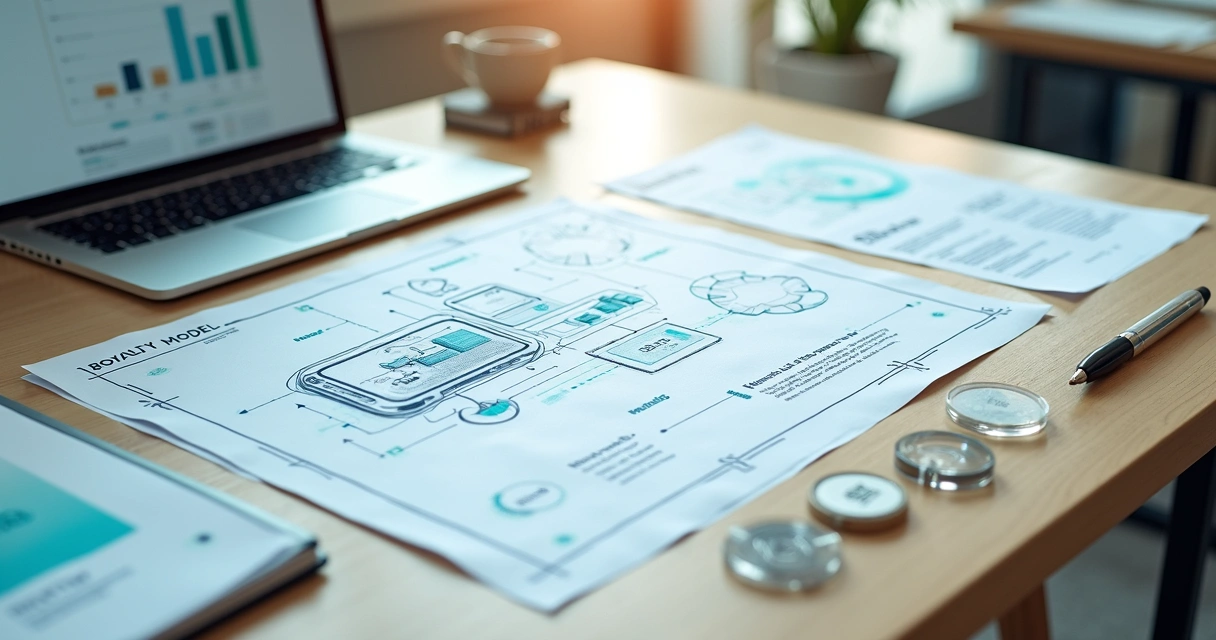 Diagrama de royalties desenhado sobre blueprint de produto de startup 