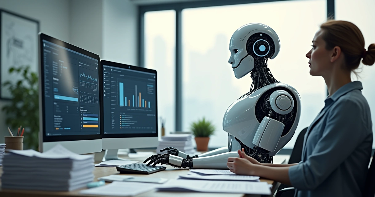 Robô digital processando documentos fiscais em ambiente de escritório moderno 