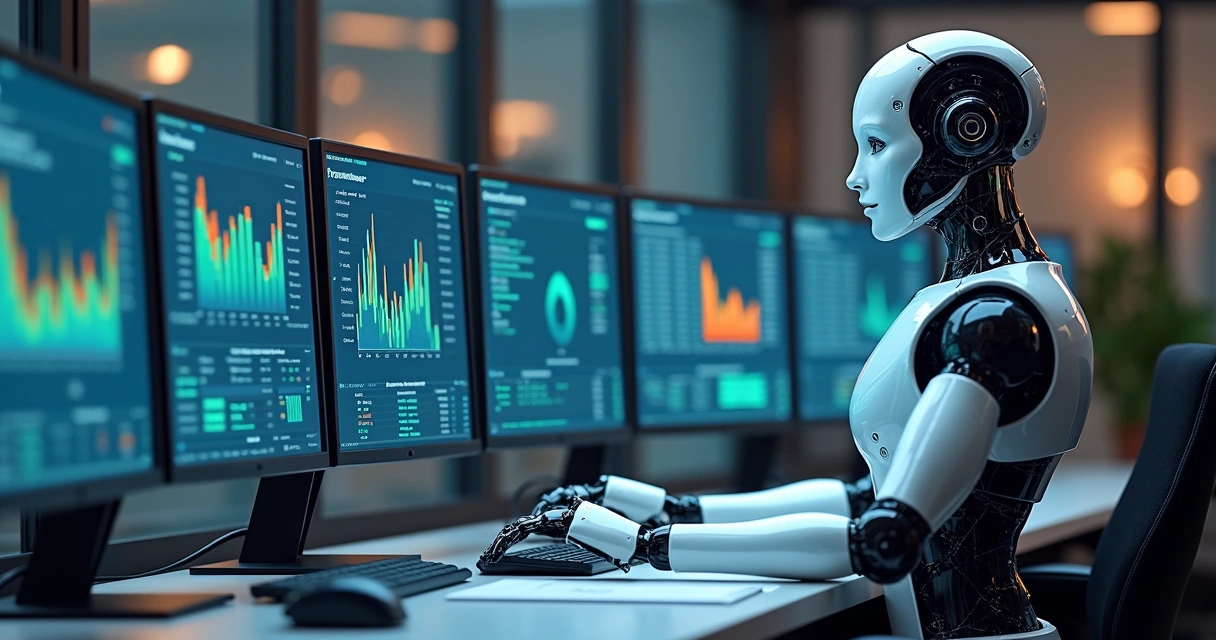 Robô digital analisando dados contábeis em múltiplas telas de computador 