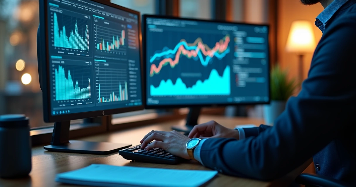 Contador trabalhando com RPA em monitor duplo exibindo gráficos 