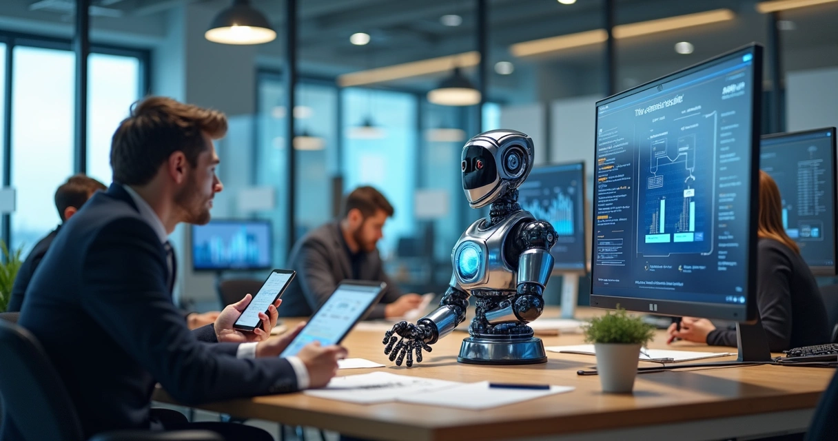 Robô digital operando computador em ambiente corporativo