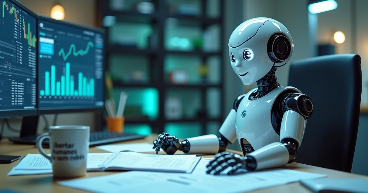 Colaborador digital representado como um robô em ambiente financeiro 