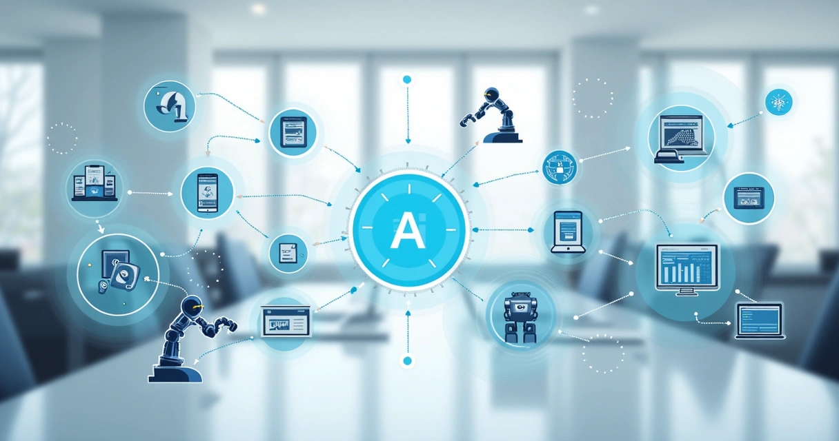 Fluxo de trabalho empresarial mostrando integração de RPA e IA 