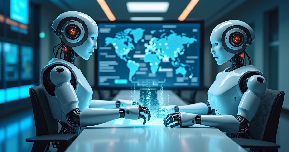 Robôs e inteligência artificial analisando documentos digitais