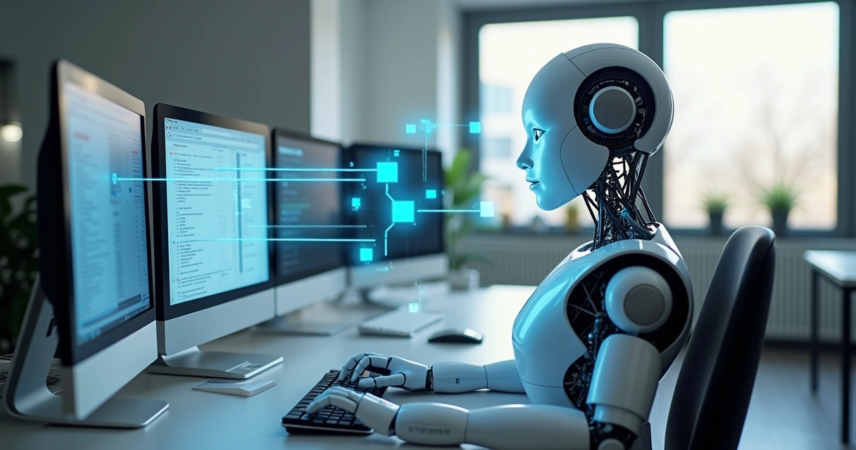 Representação gráfica de RPA em escritório de pequena empresa, com computadores conectados 