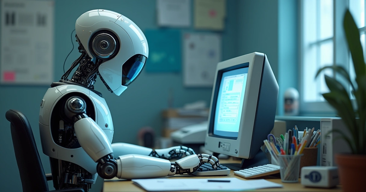 Robô digital trabalhando em computador antigo 