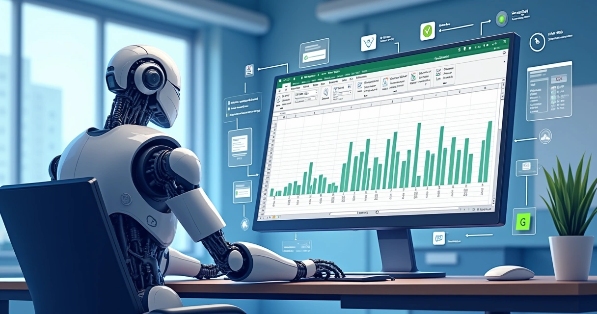 Robô digital preenchendo planilha em tela de computador 