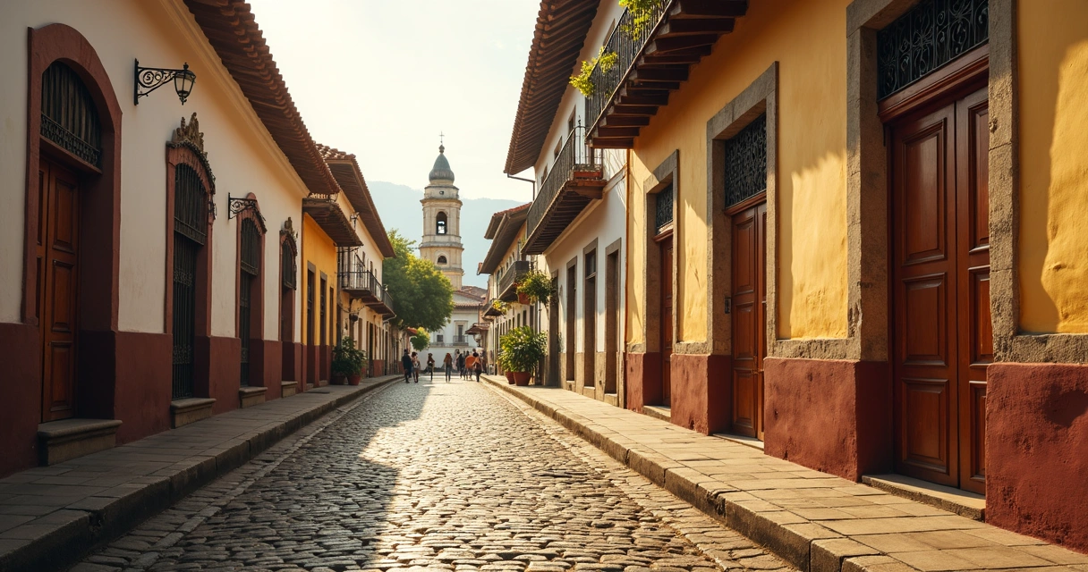 Rua colonial com sobrados coloridos e igreja ao fundo