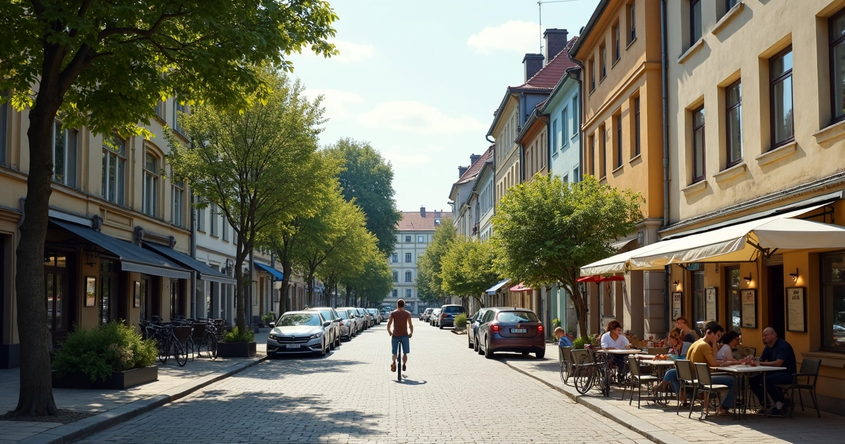 Rua com prédios residenciais, pessoas caminhando e cafés na Alemanha 