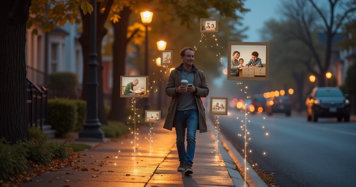Pessoa caminha em rua com pegadas luminosas ligadas a fotos de diferentes gerações 