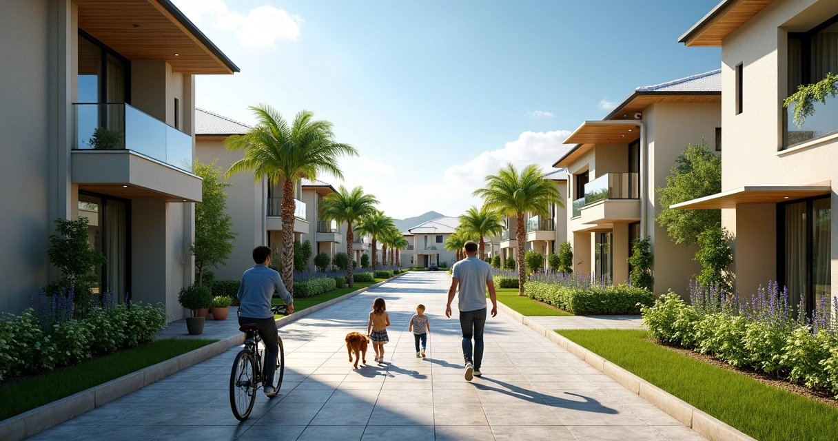 Rua arborizada com casas modernas no condomínio Santorini em Paulínia 