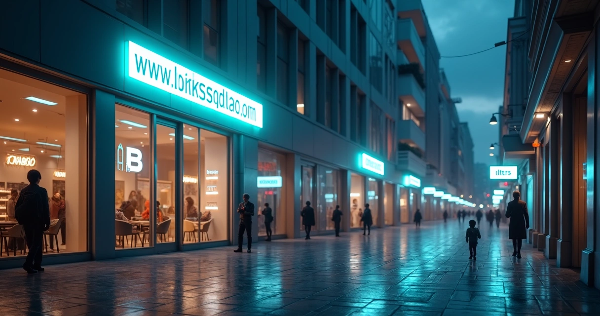 Conceito de rua digital com letreiros de URLs iluminados representando endereços de sites 