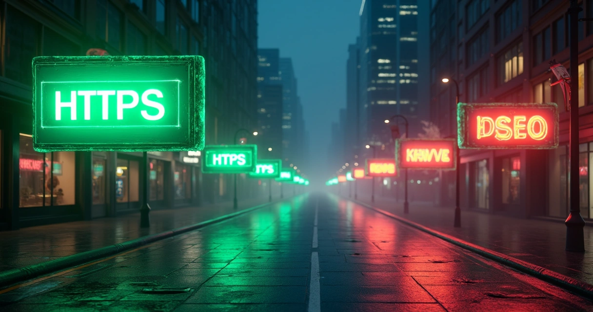 Rua digital com conexões HTTPS seguras destacadas em verde 