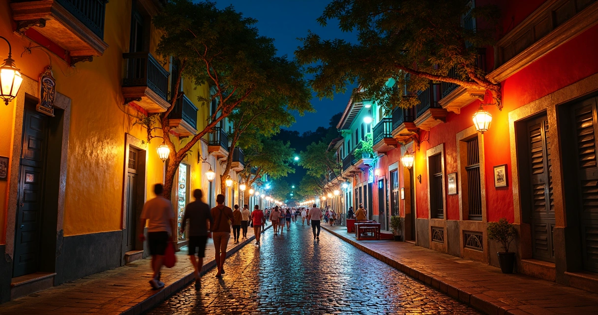 Rua do Mucugê iluminada à noite com turistas passeando 