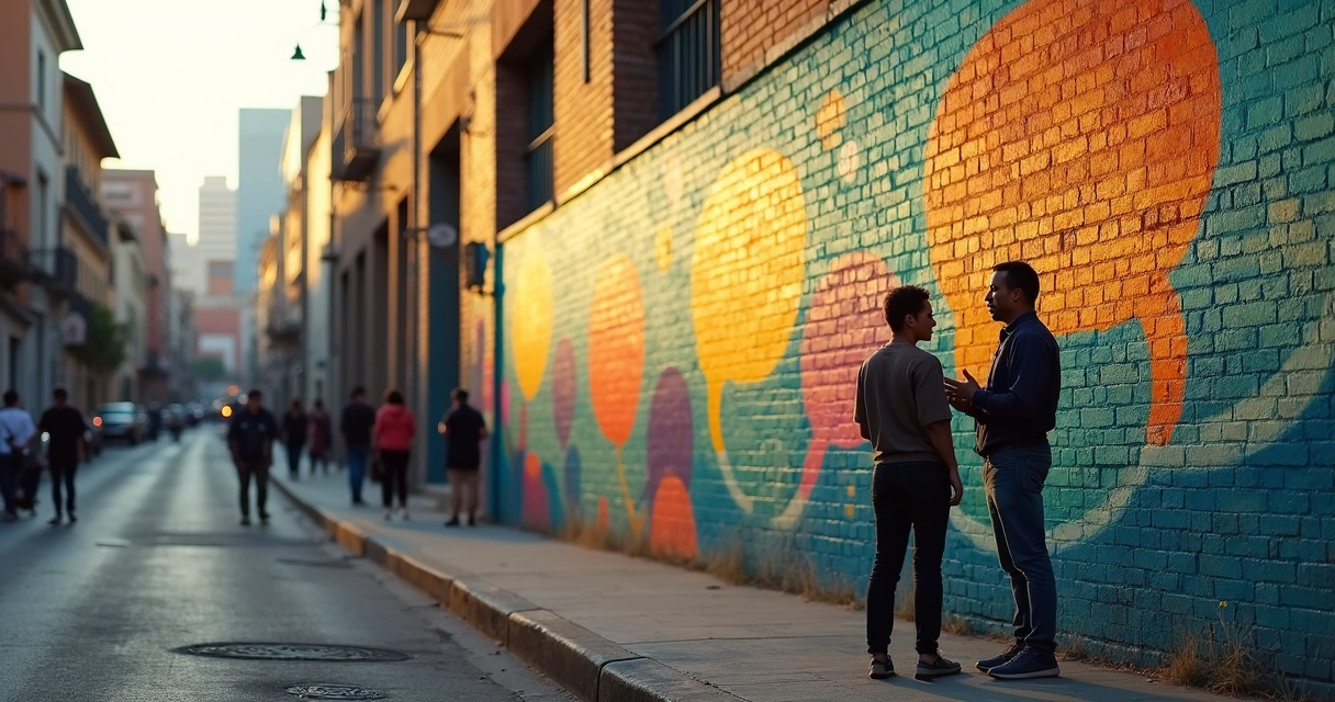 Duas pessoas conversando em frente a mural sobre diálogo pacífico 