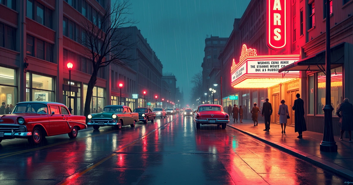 Rua de cidade retrô iluminada com néon em um cenário de filme clássico 