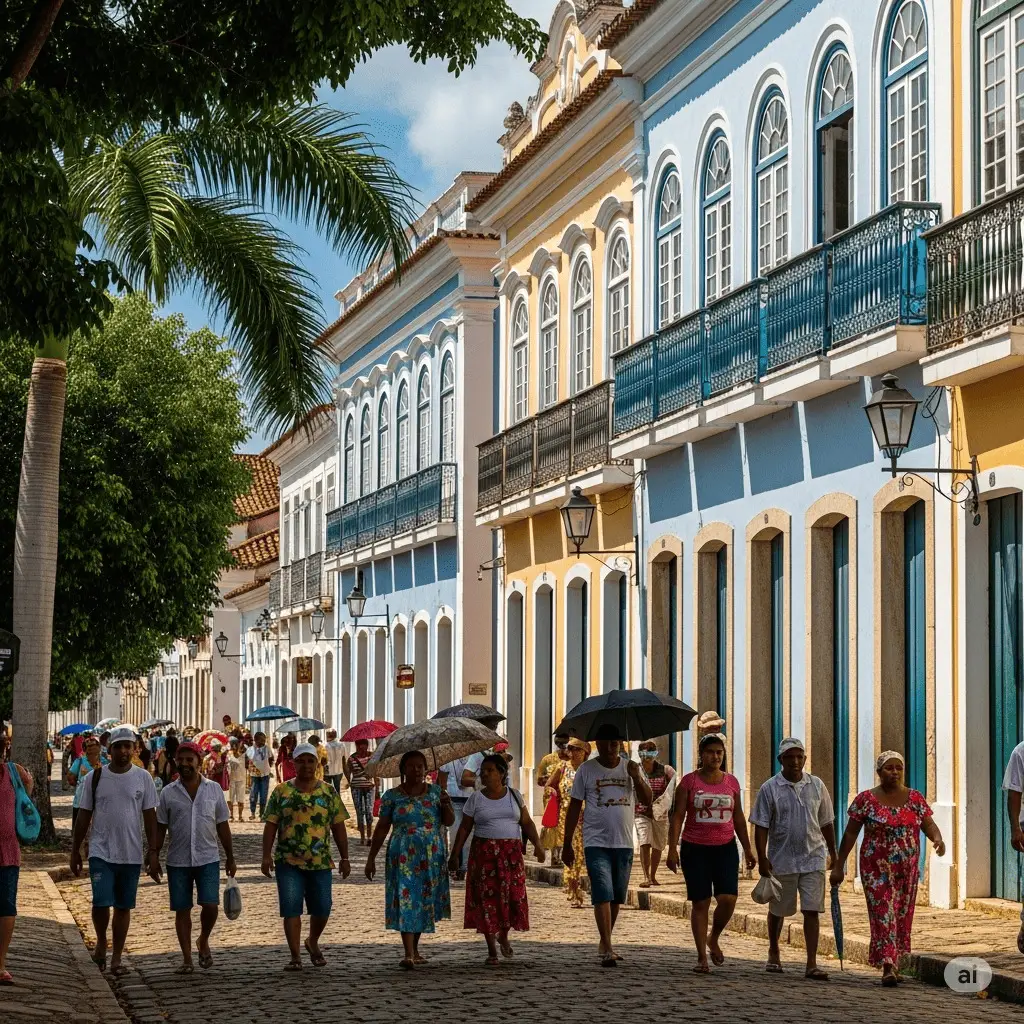 Rua histórica com prédios coloridos e pessoas caminhando sob o sol com guarda-sóis em Ilhéus