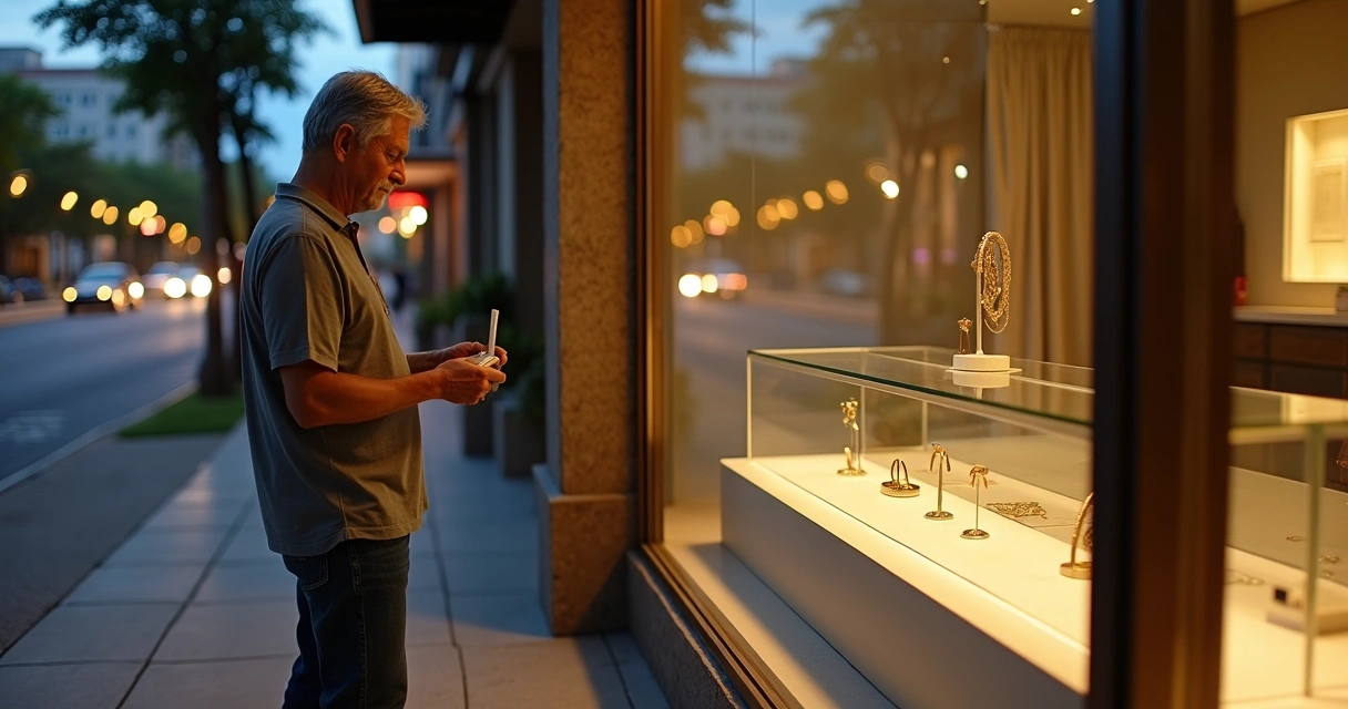 Vitrine de joias iluminada em rua movimentada de Icaraí à noite 