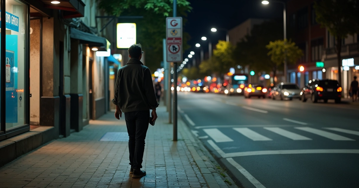 Pessoa caminhando em rua iluminada à noite