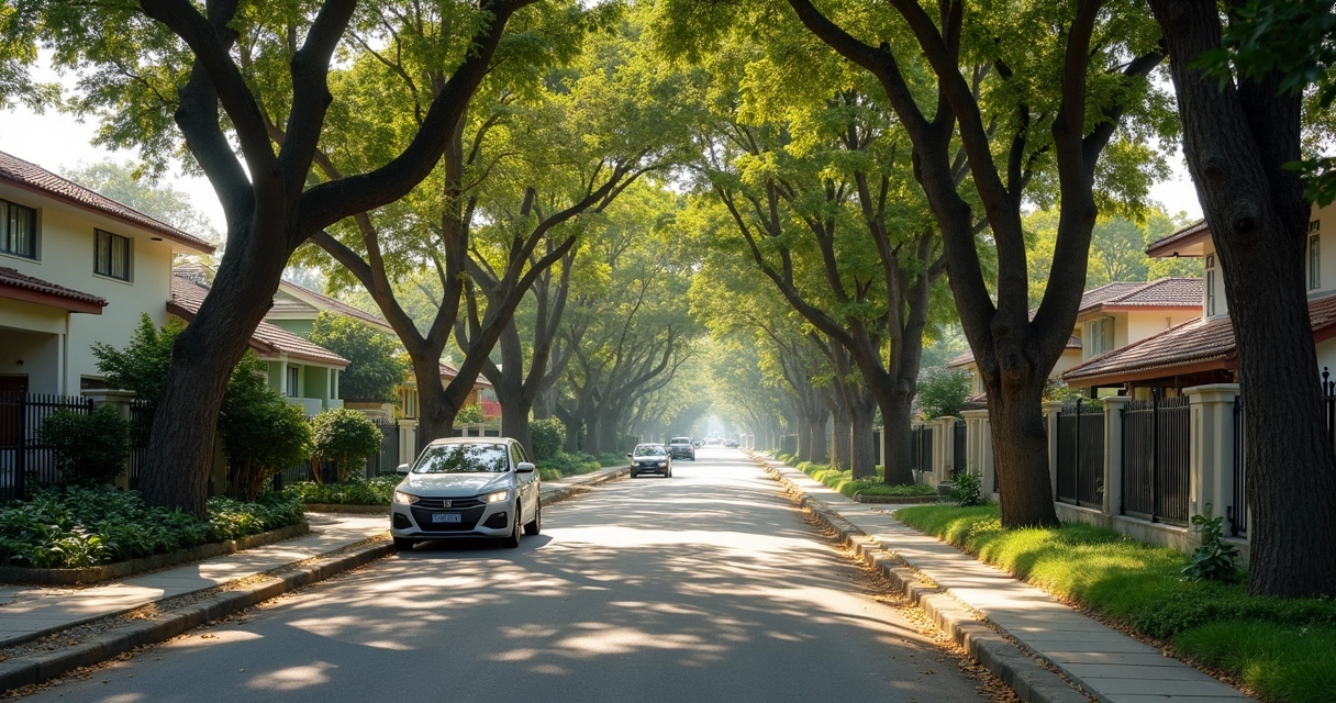 Rua residencial arborizada com casas e calçadas amplas 
