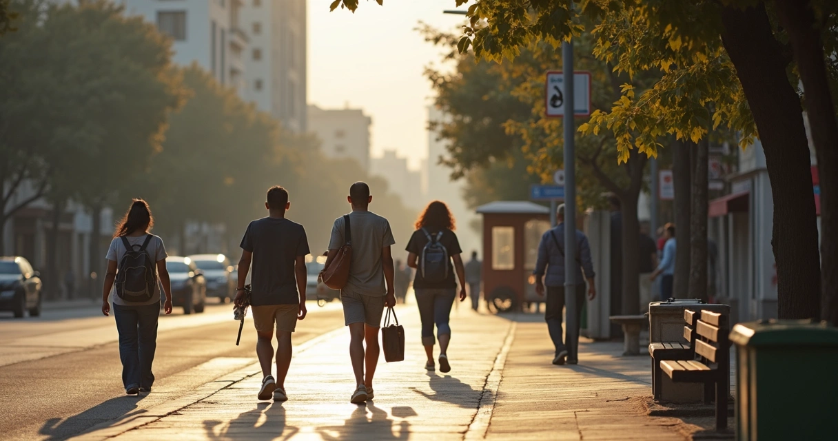 Pessoas caminhando em rua urbana com expressões variadas