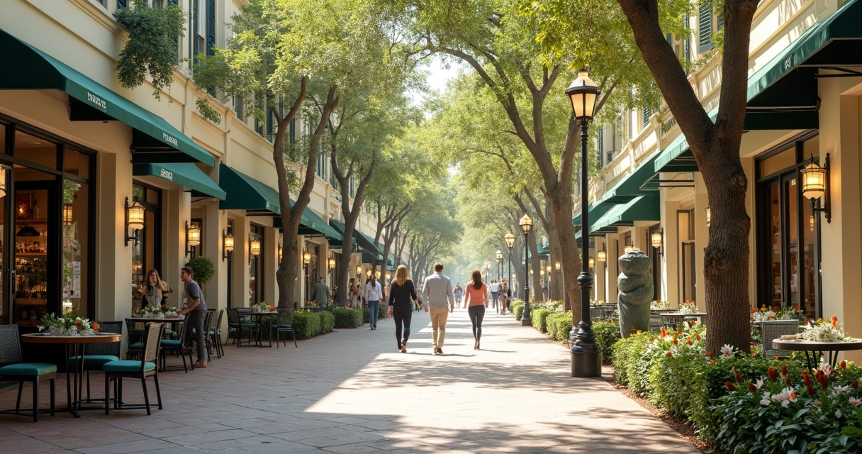 Rua arborizada com cafés em Winter Park 