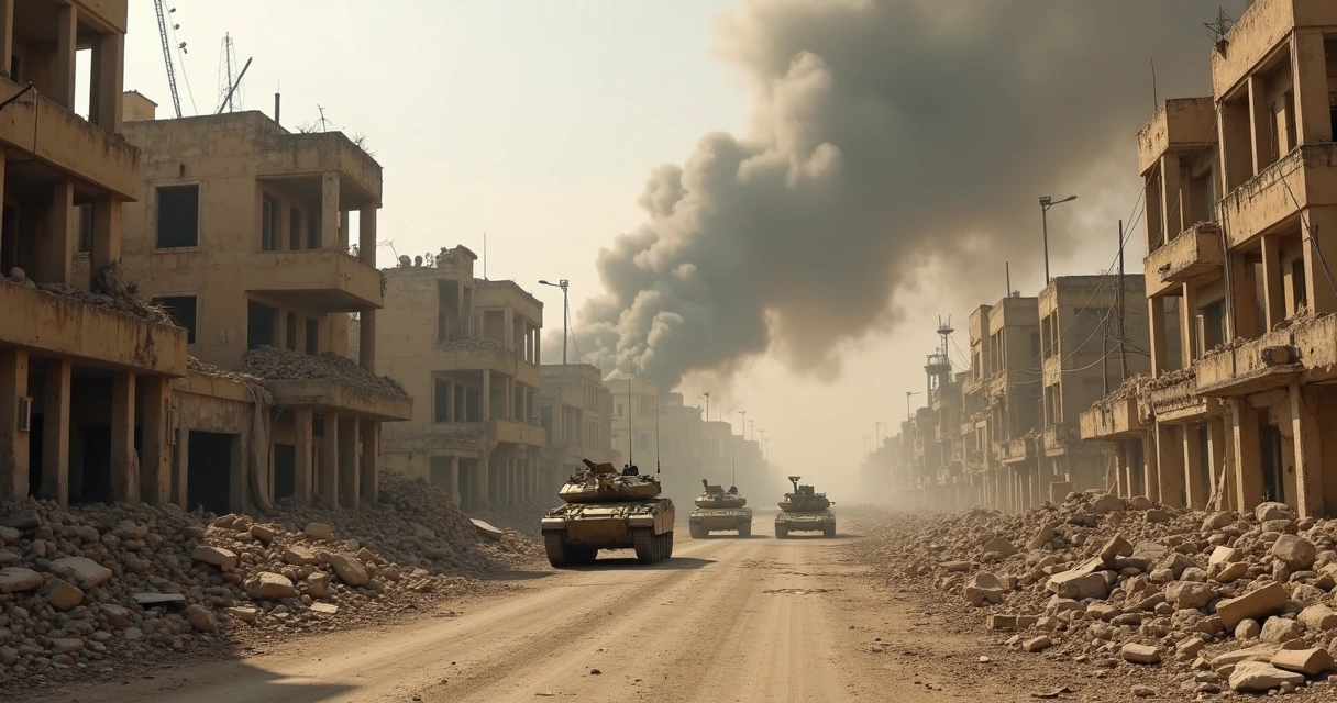 Rua destruída em Bagdá com tanques e fumaça ao fundo 