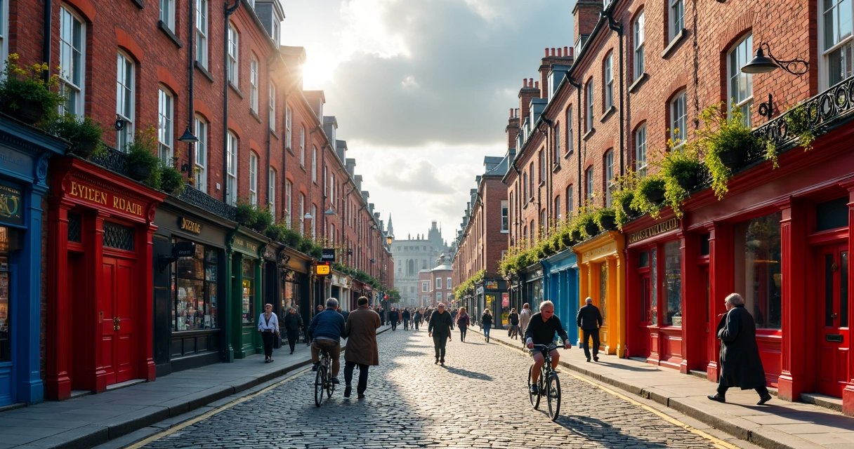 Ruas movimentadas de Dublin com prédios coloridos, pessoas caminhando e bicicletas 
