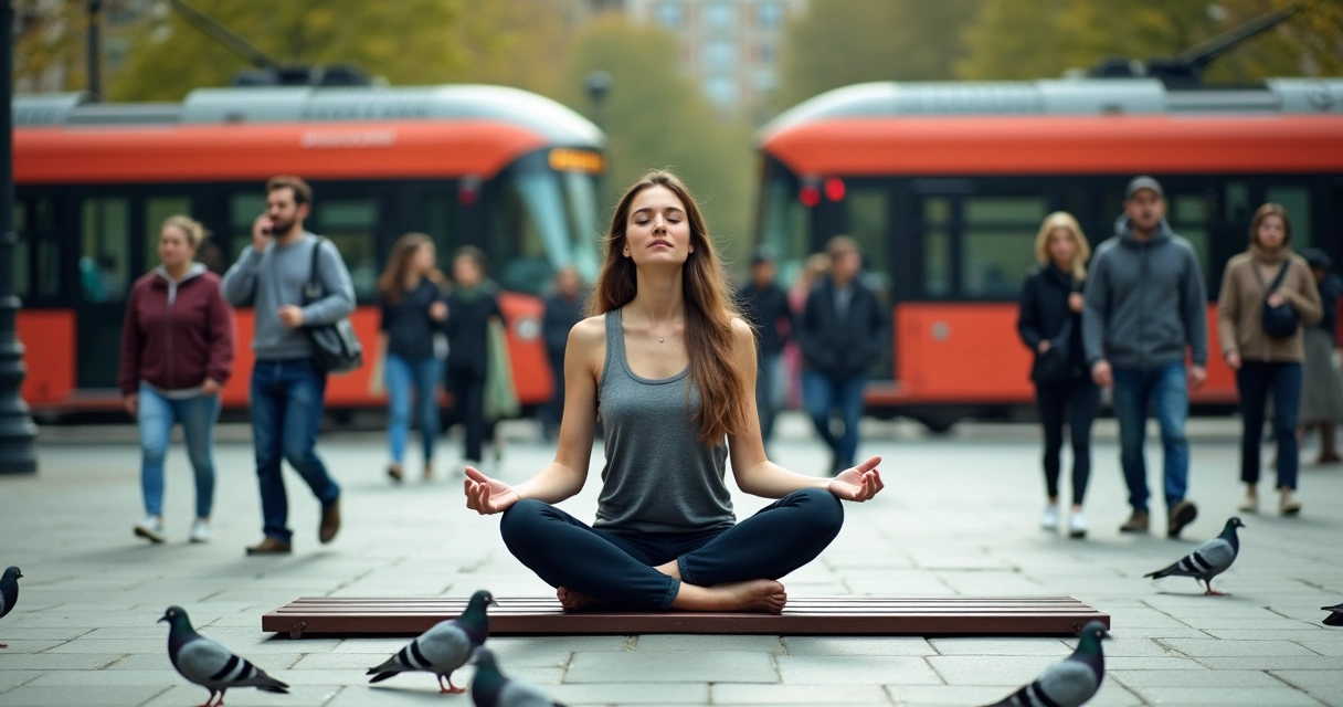 Pessoa meditando em ambiente urbano, com sons e movimento ao redor