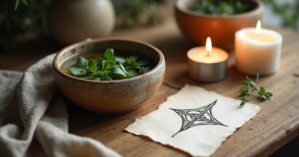 Banho preparado com ervas em água, com uma runa desenhada em papel ao lado. 