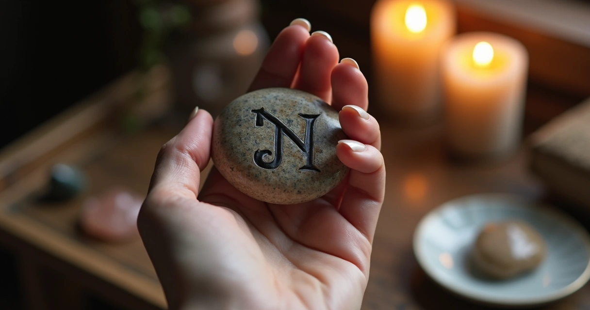 Mão feminina segurando runa nórdica em ambiente acolhedor 