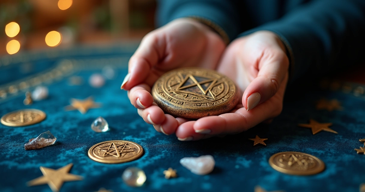 Mão feminina segurando runa sobre mesa de veludo