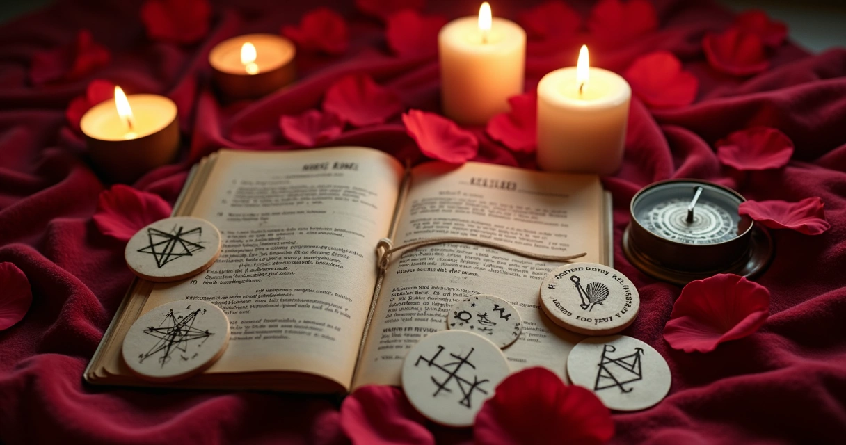 Runas espalhadas sobre uma toalha, com velas acesas ao fundo. 