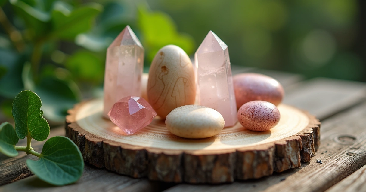 Conjunto de runas de madeira e cristal sobre mesa com folhas verdes