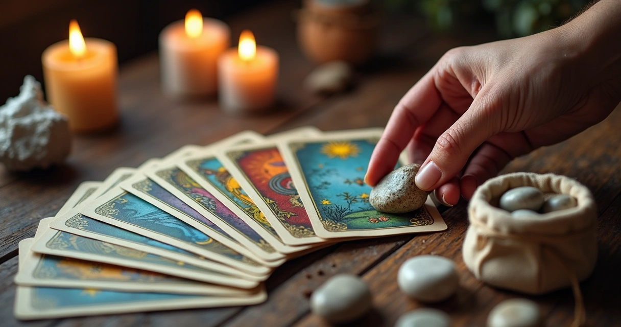 Cartas de tarot e runas nórdicas juntas em uma mesa de madeira 