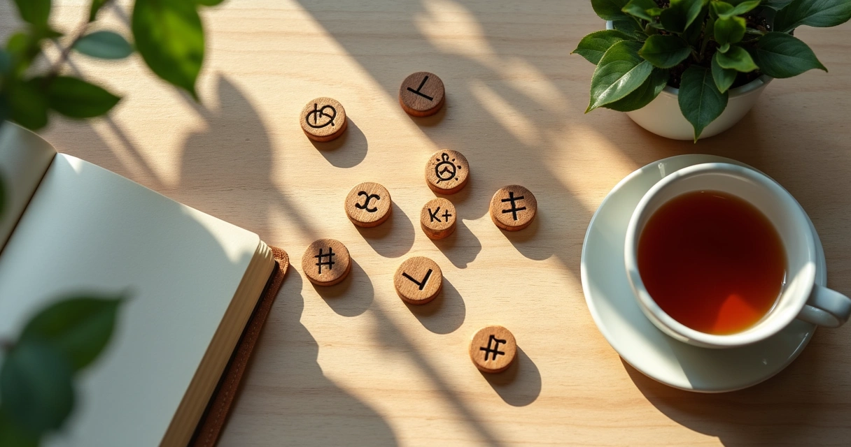 Runas nórdicas espalhadas sobre uma mesa de madeira clara