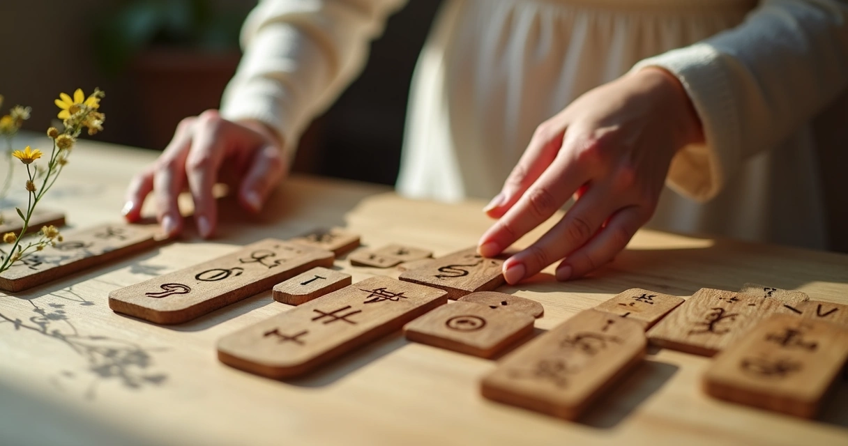 Runas espalhadas sobre uma mesa de madeira clara