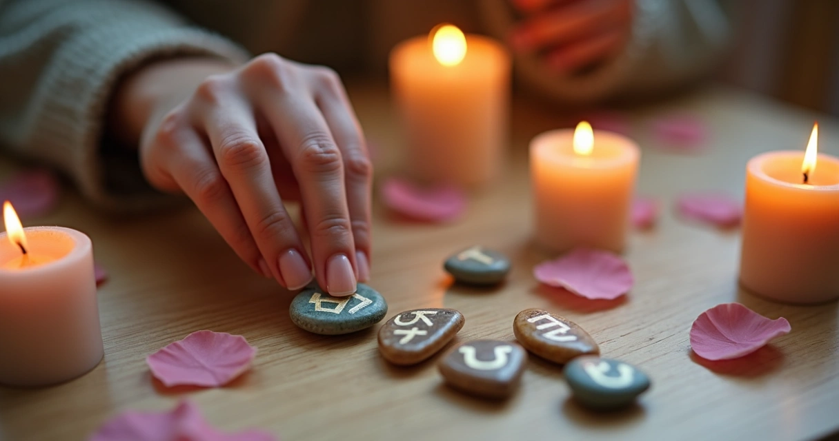 Runas, mãos femininas e mesa com velas acesas