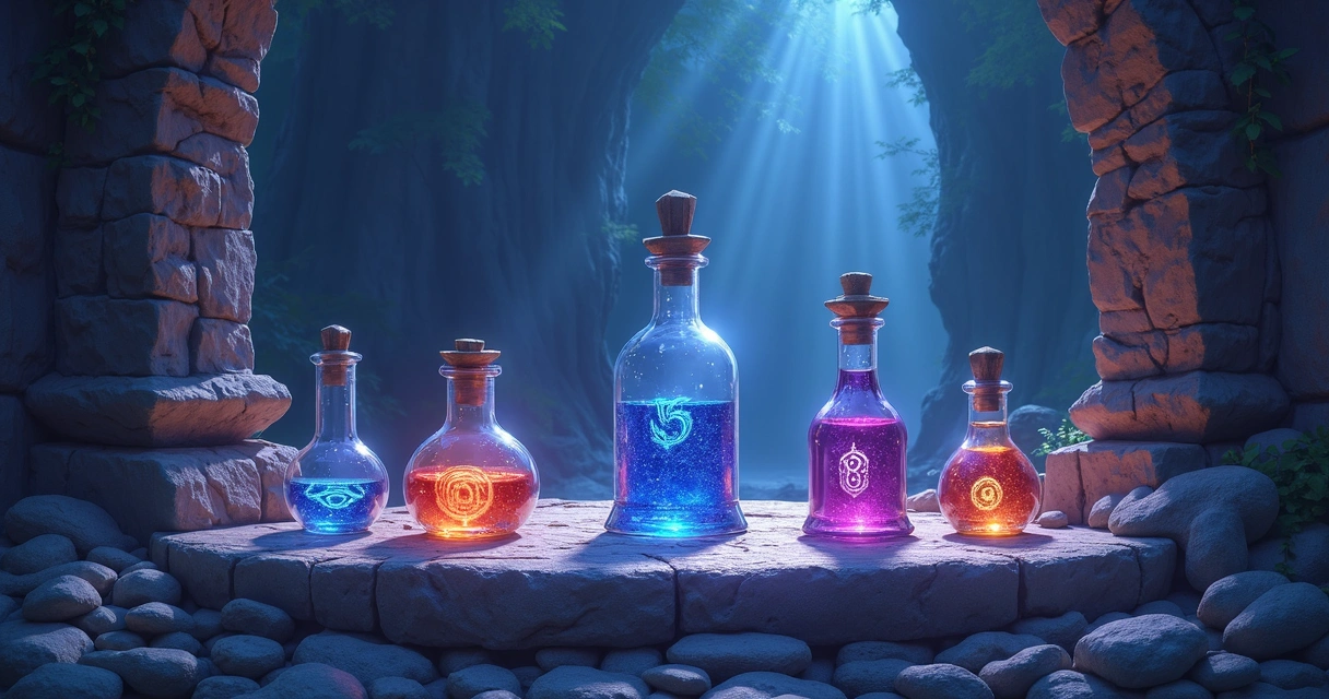 Runas mágicas e suprimentos em Tibia em cima de um altar de pedra 