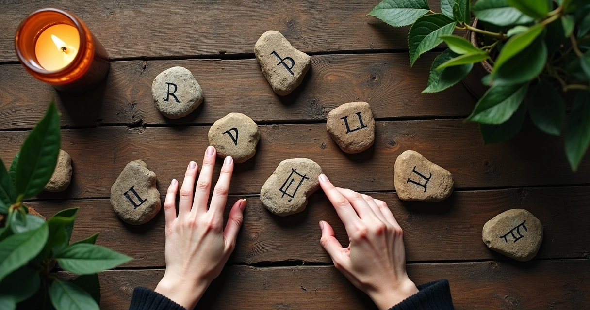 Runas dispostas sobre uma mesa de madeira 
