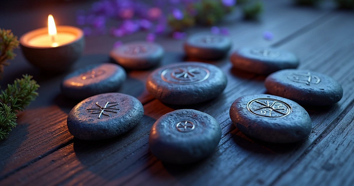 Runas nórdicas espalhadas em mesa escura com vela ao fundo. 