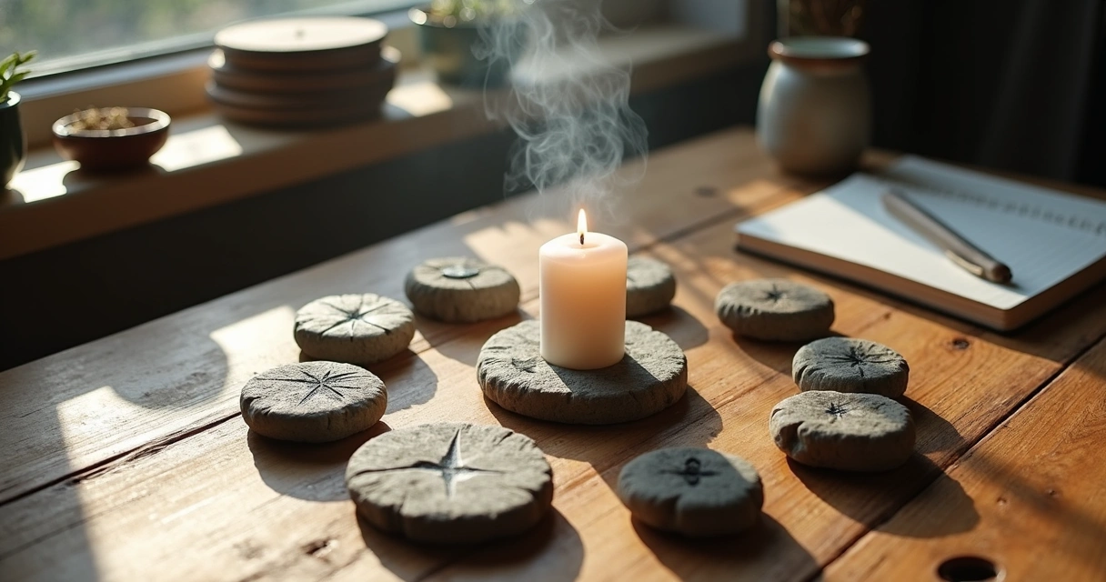 Runas nórdicas e vela acesa em mesa de madeira 