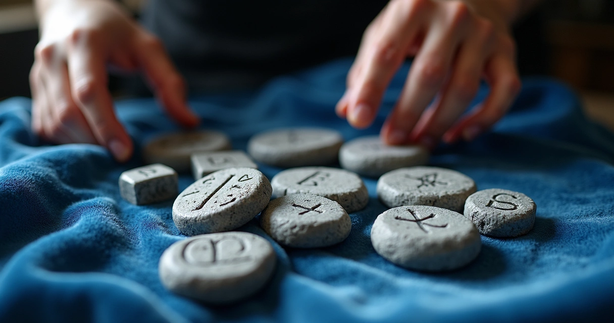 Pedras de runa espalhadas sobre tecido azul 