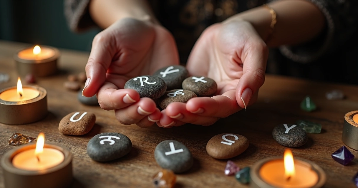 Mãos femininas segurando runas sobre mesa com velas e pedras coloridas 