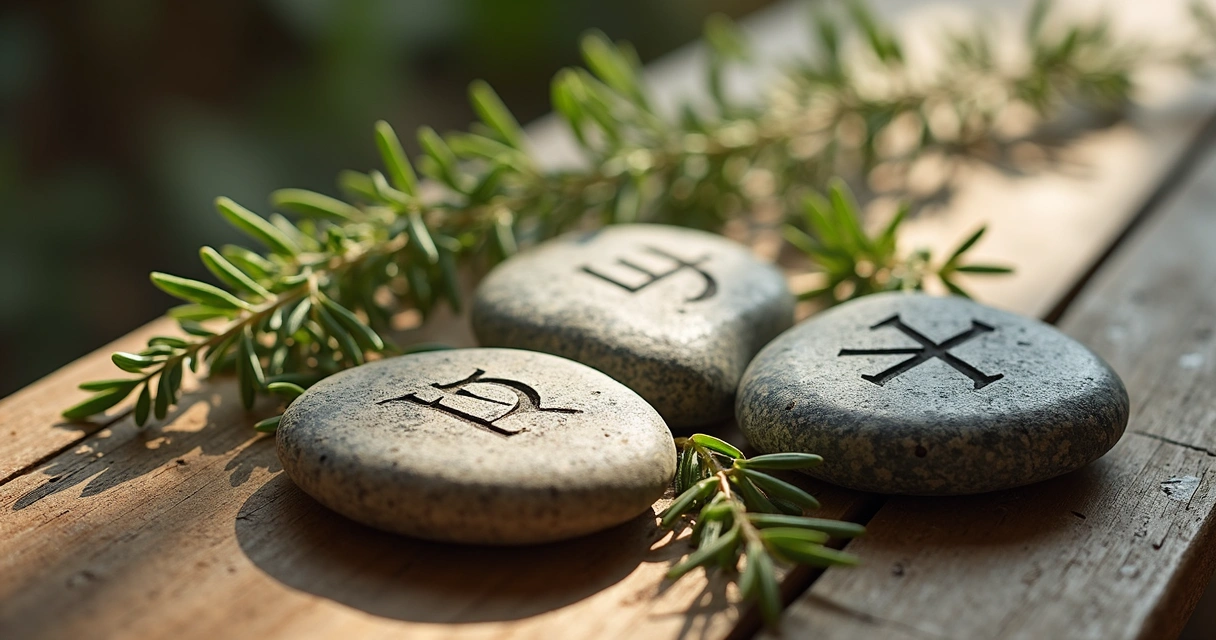 Pedras de runas sobre mesa de madeira 