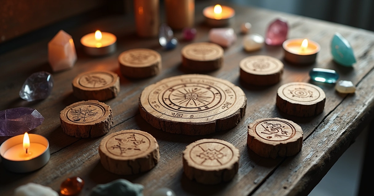 Runas nórdicas dispostas em círculo sobre uma mesa de madeira, com vela acesa e cristais ao redor 