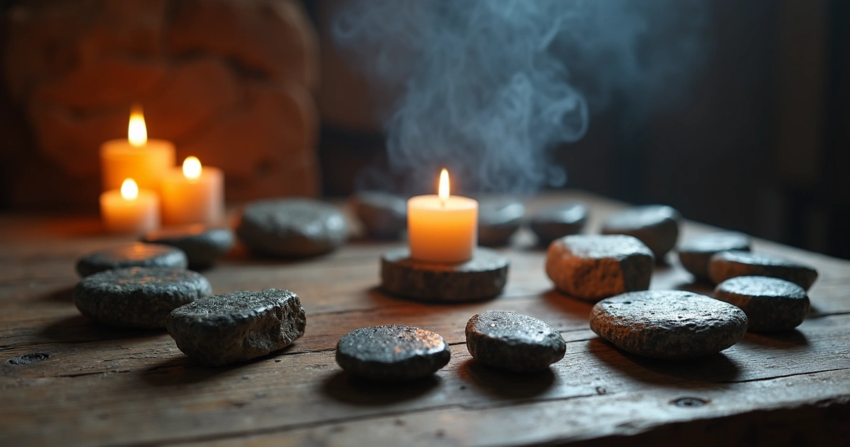 Runas espalhadas ao lado de velas acessas