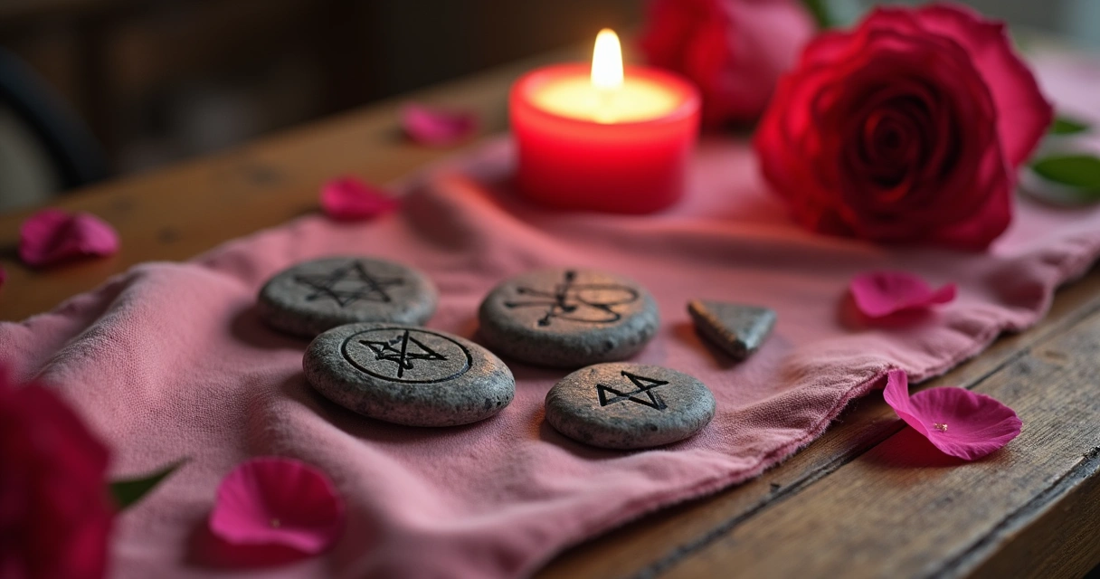 Runas vikings em um altar decorado com rosas 